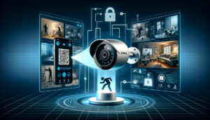Moderne Dahua-Überwachungskamera verbunden mit Ajax Sicherheitssystem-App auf Smartphone, einfache QR-Code-Konnektivität, Heimüberwachungsszenarien mit Einbrecher-Silhouette.