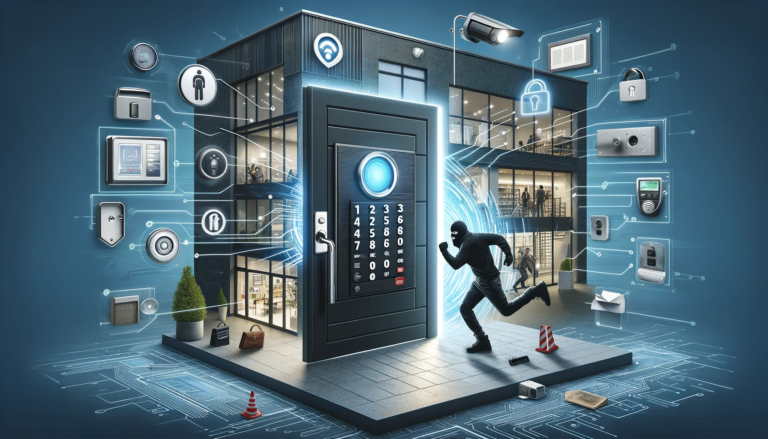 Moderne GRAEF Zutrittskontrollsysteme in Aktion, dargestellt durch eine hochtechnologische Tür mit Keypad, RFID-Leser und biometrischem Scanner, umgeben von Szenen mit frustriertem Einbrecher, gesichertem Einzelhandelsgeschäft und Wohnbereich.
